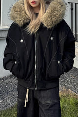 Black Short Puffer Fur Collar Jacket S / Black