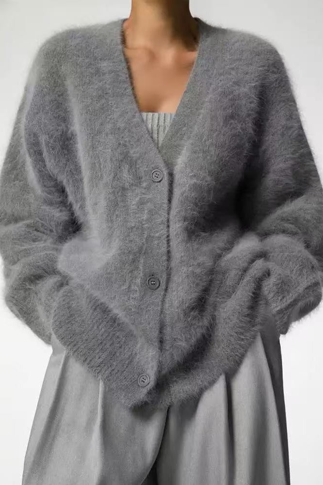 V Neck Fluffy Knit Cardigan Sweater Grey / One Size