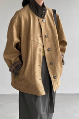 Brown Stand Collar Plaid Suede Jacket S / Brown