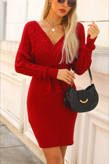 V-Neck Batwing Sleeve Sweater Dress S / Red