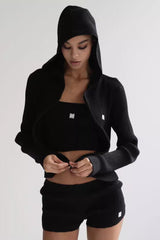 Zip Up Cropped Hooded Knit Sweater