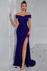 Sequin Off Shoulder Split Party Dress S / Blue