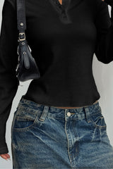 Button-Front Long Sleeve Knit Top