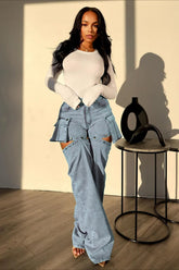 Detachable High Waist Wide Leg Jeans Light Blue / S