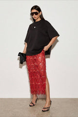 Sequin Fringe Slit Midi Party Skirt