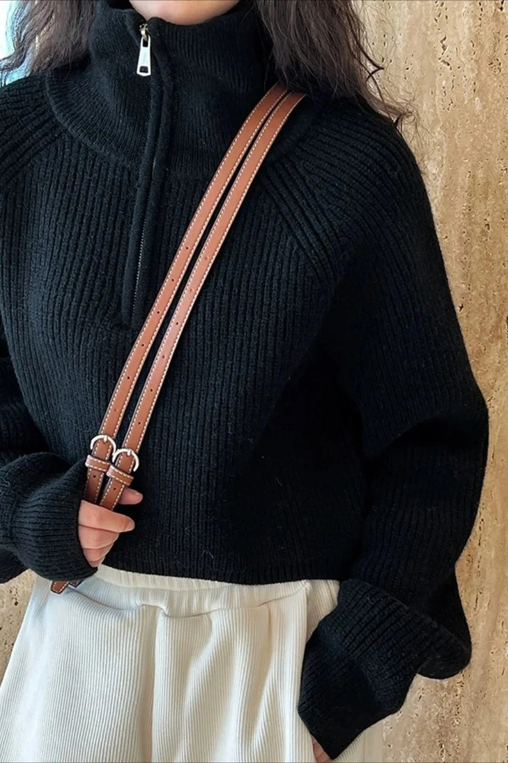 Half Zip Knit Turtleneck Sweater Black / One Size