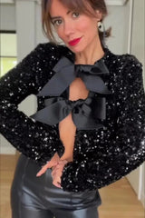 Bow Sequin Cut Out Long Sleeve Jacket