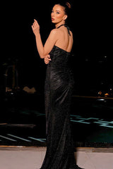 Shimmer V Neck Halter Slit Formal Dress