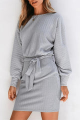 Ribbed Knit Belted Sweater Dress