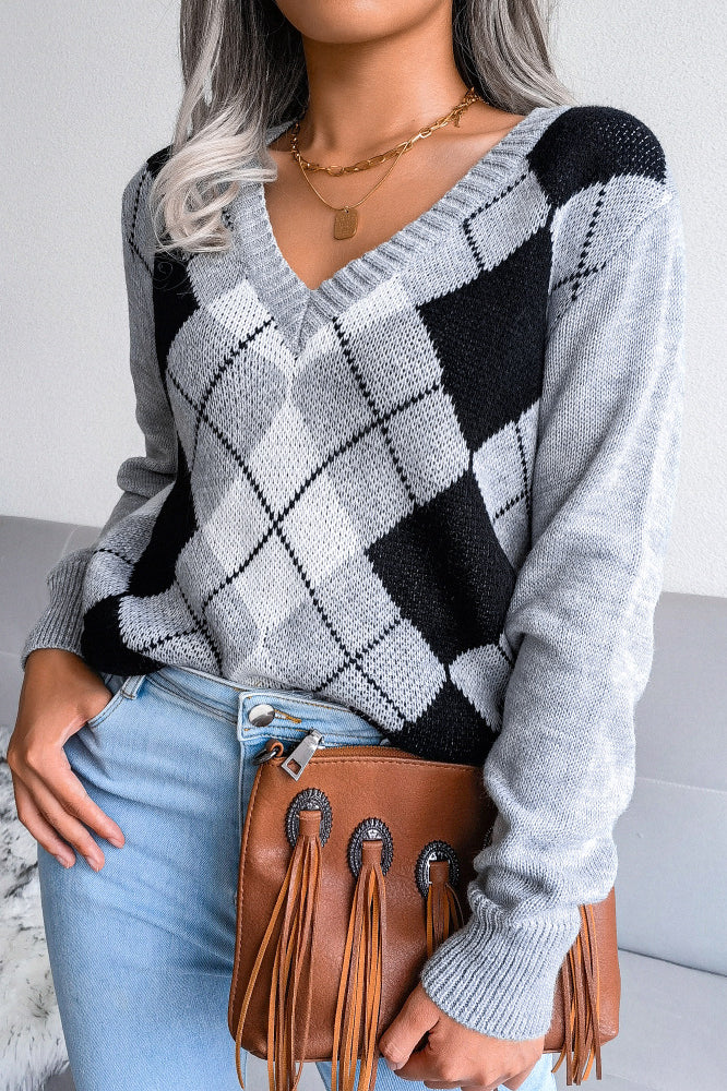 Argyle V Neck Knit Pullover Sweater