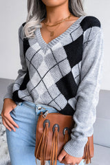 Argyle V Neck Knit Pullover Sweater