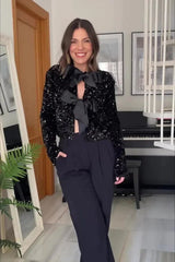 Bow Sequin Cut Out Long Sleeve Jacket