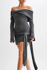 Off Shoulder Tie Knit Sweater Dress