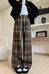 Brushed Plaid Straight Fit Knit Pants