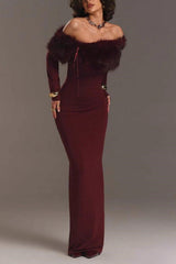 Fur Collar Off Shoulder Bodycon Dress