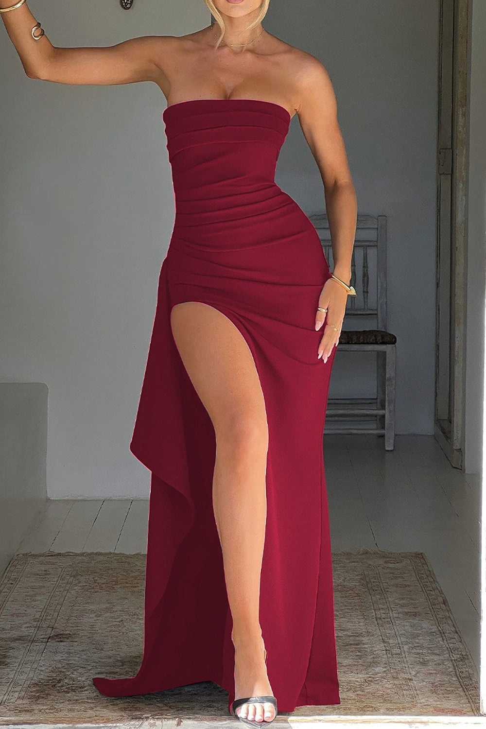 Strapless High Slit Maxi Party Dress