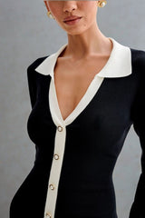 Pearl Button Ruffled Collar Knit Sweater Dress