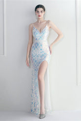 Iridescent Sequin Slit Bodycon Maxi Dress White / S