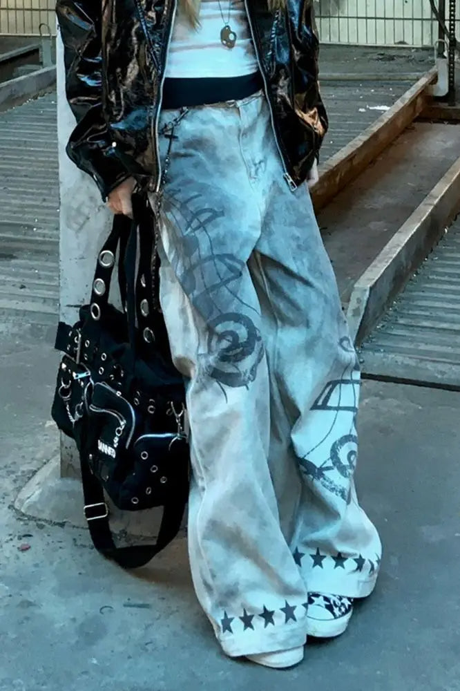 Music Note Print Vintage Jeans