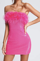 Sequin Faux Fur Off Shoulder Party Dress
