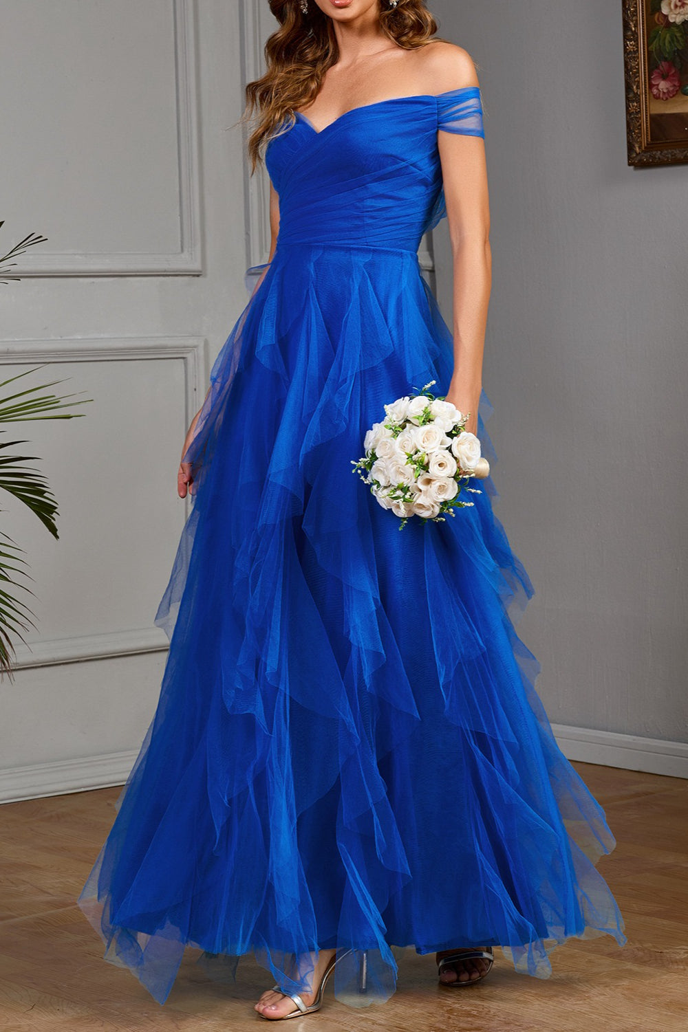 Solid Off Shoulder Tulle Gown Formal Dress S / Blue