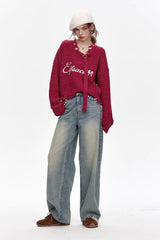 Red Embroidered Raw Edge Wool Blend Sweater