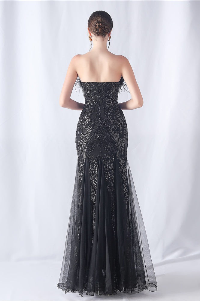 Ostrich Feather Sequin Evening Party Dress