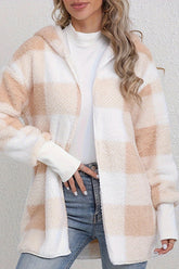 Plaid Fuzzy Hooded Mid Length Coat Apricot / S