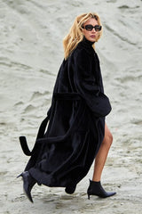 Long Notched Lapel Belted Rabbit Faux Fur Overcoat