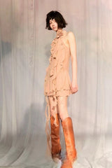 Asymmetric Rose Halter Mini Dress