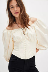 Corset Back Bow Puff Sleeve Blouse