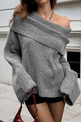 Off-the-Shoulder Bell Sleeve Loose Solid Sweater