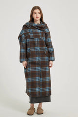 Plaid Wool Scarf Attached Relaxed Overcoat
