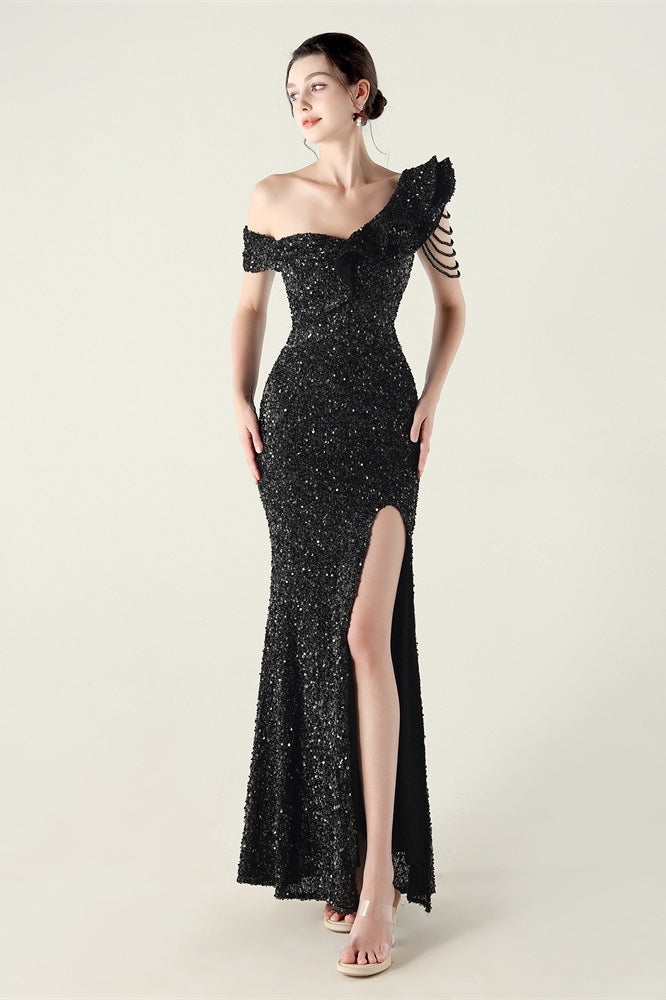 Draped One Shoulder Ruffle Formal Dress