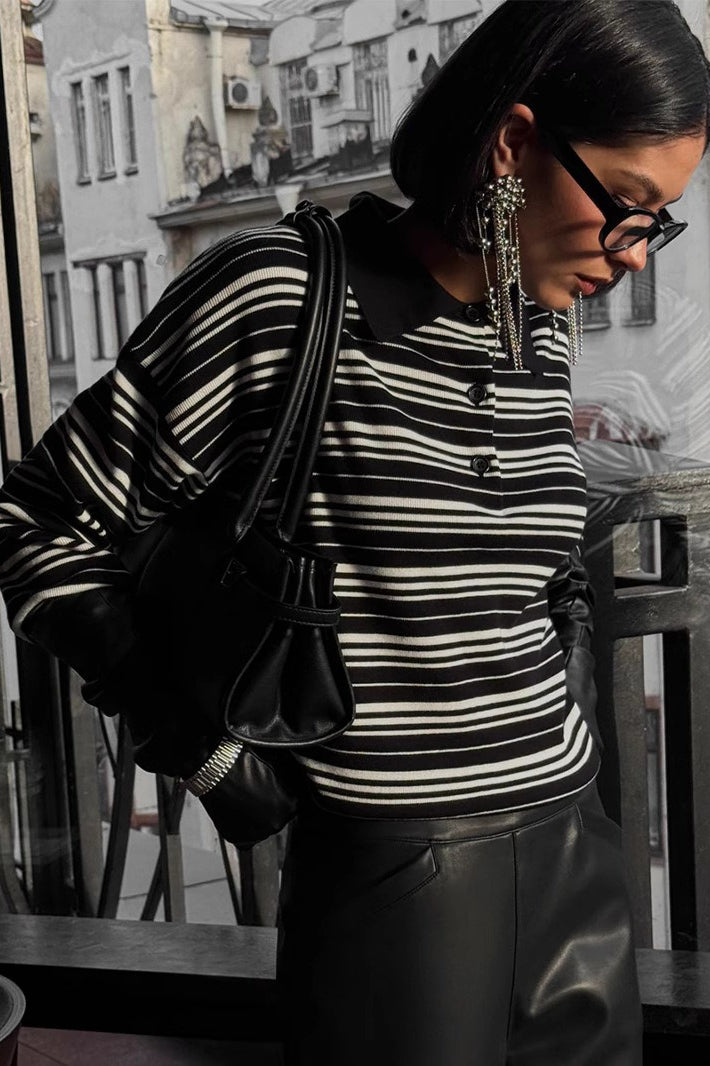 Vintage Striped Knit Polo Sweater Black / S