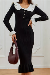 Contrast Ruffled Slim French Knit Sweater Dress