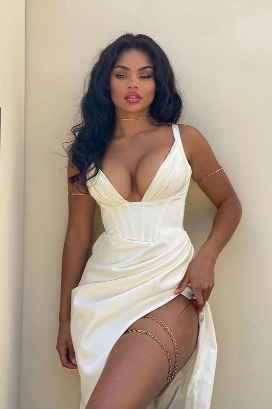 Satin V-Neck Bustier Slit Cocktail Dress