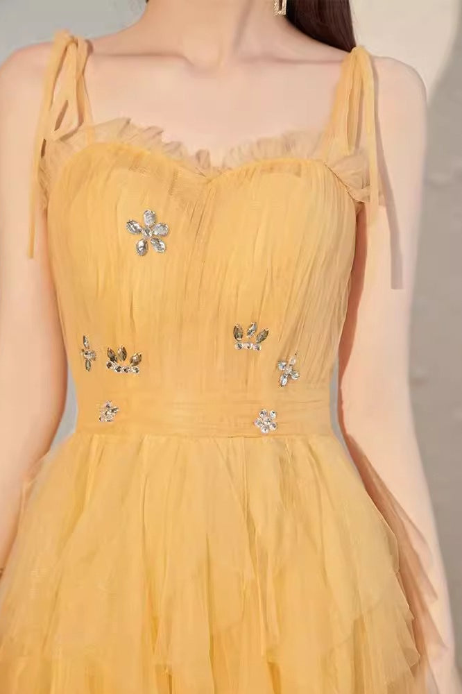 Yellow Spaghetti Strap Mini Formal Dress