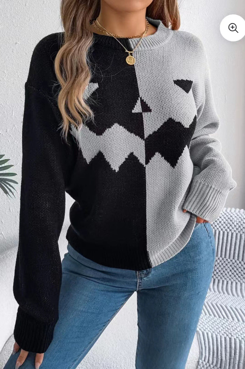 Halloween Ghost Pumpkin Colorblock Sweater Grey / S