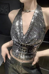 Sequin Halter Backless Crop Top