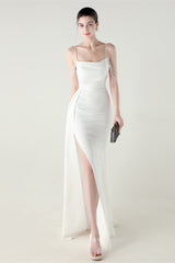 Satin Spaghetti Strap Mermaid Party Dress White / S