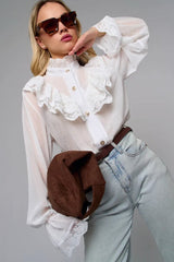 Lace Trim Stand Collar Chiffon Blouse
