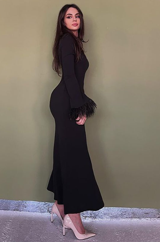 Feather Trim Bodycon Maxi Dress