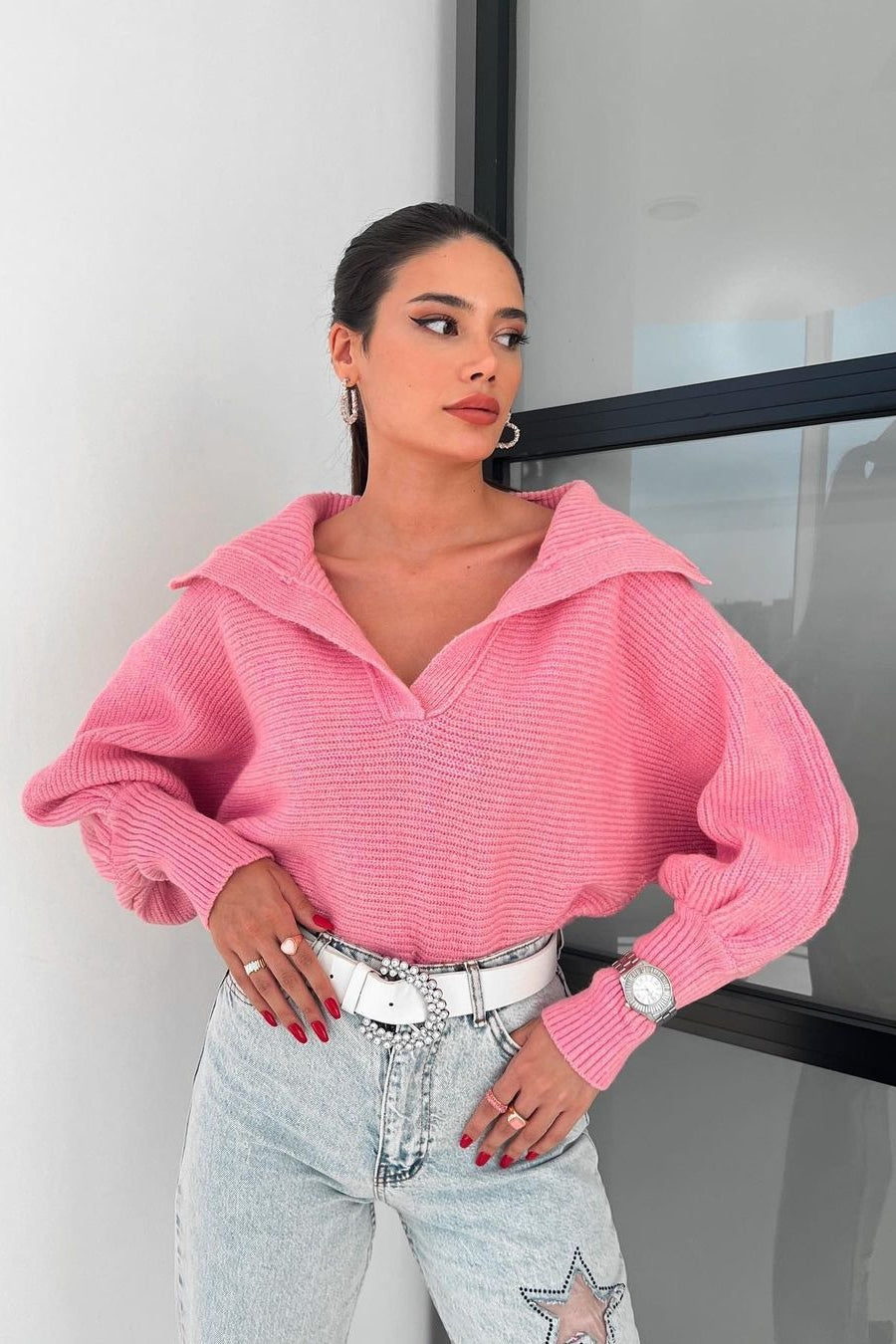 Lantern Sleeve Open Collar Knit Sweater Pink / S