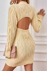 Long Sleeve Cable Knit Backless Sweater Dress S / Yellow