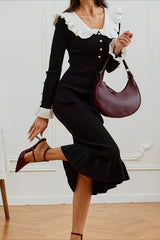 Contrast Ruffled Slim French Knit Sweater Dress