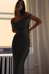 Satin Cowl Neck Backless Formal Dress S / Black