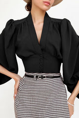 V Neck Lantern Sleeve Slim Blouse
