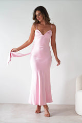 Satin Backless Tie Party Dress S / Pink
