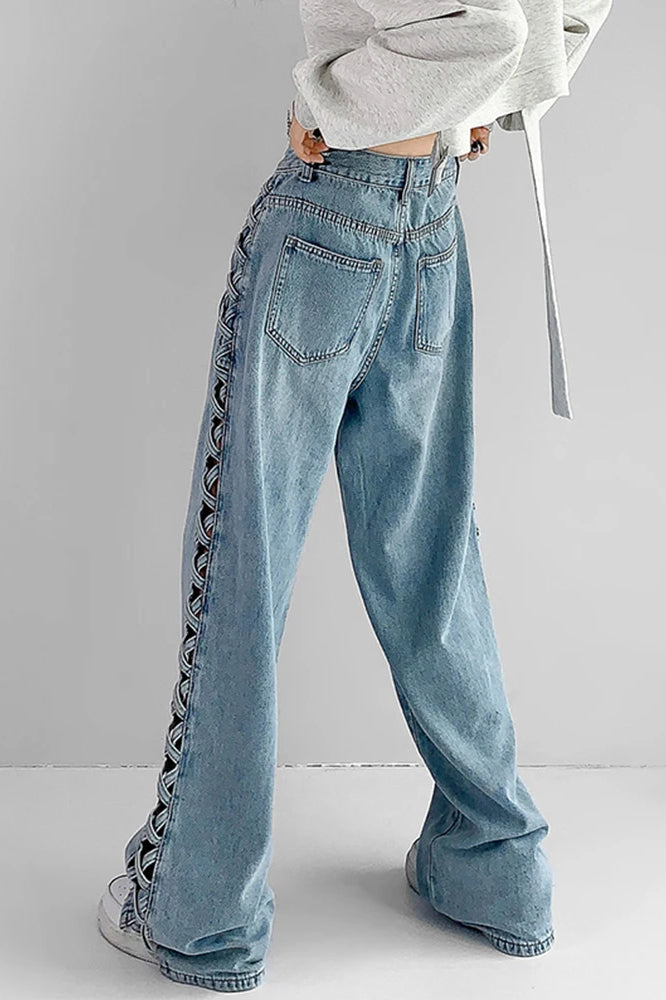 Side Braided Cutout Wide Leg Jeans